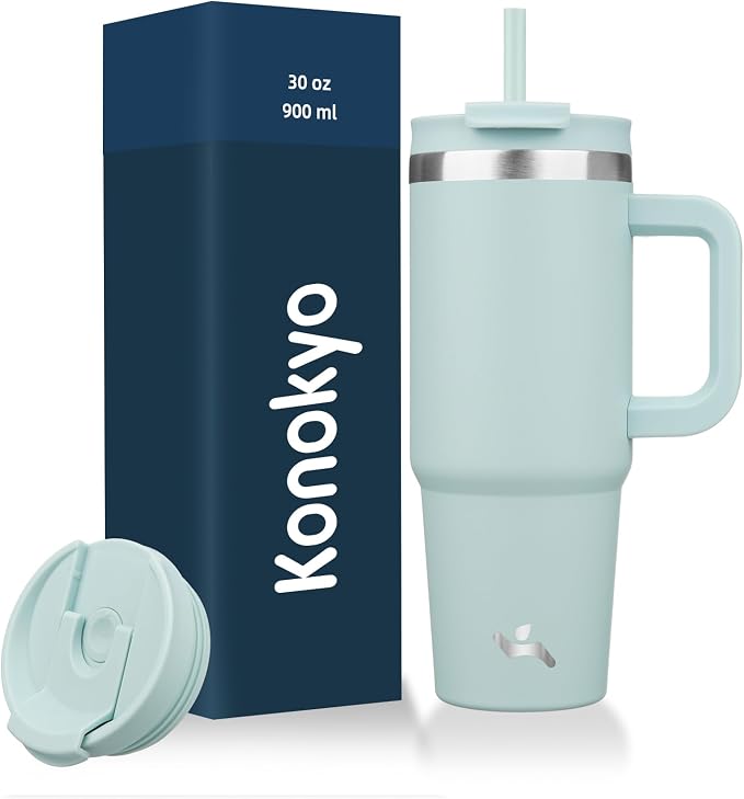 30 oz Tumbler with Handle and 2 Straws,2 in 1 Lid Insulated Water Bottle Stainless Steel Travel Coffee Mug,Blue Haze by Konokyo