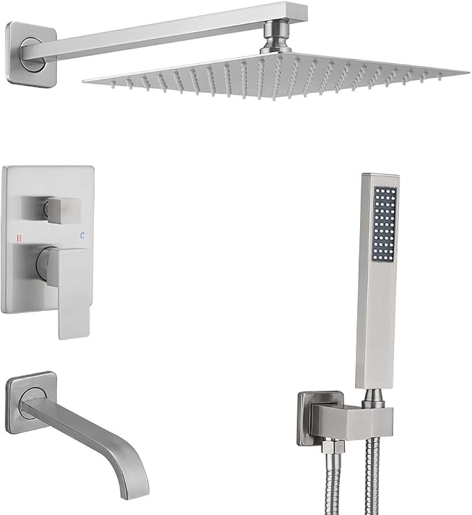 Brushed Nickel Shower System with Tub Spout Wall Mounted Tub Shower Faucet Set for Bathroom with High Pressure 10" Rain Shower head and Handheld Shower Head Kit by JingGang