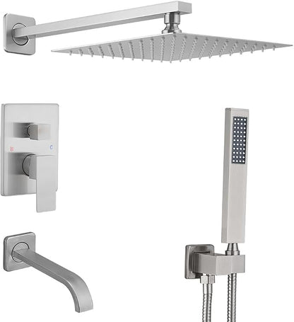 Brushed Nickel Shower System with Tub Spout Wall Mounted Tub Shower Faucet Set for Bathroom with High Pressure 10" Rain Shower head and Handheld Shower Head Kit by JingGang
