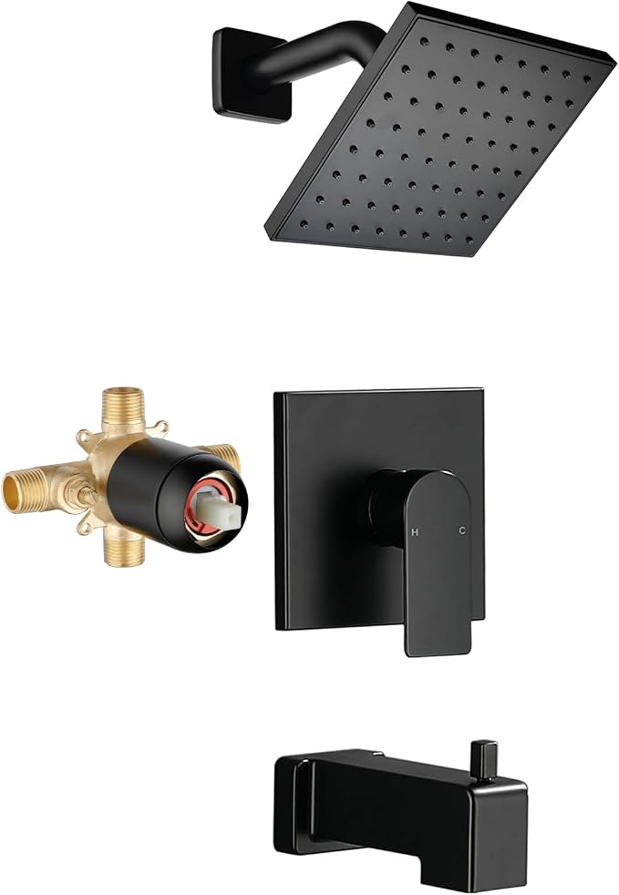 Matte Black Shower Faucet Set with Tub Spout, 6 Inch Rain Shower Head and Tub Spout, Shower Fixtures with Tub Spout, Tub and Shower Trim Kit by VIKASI