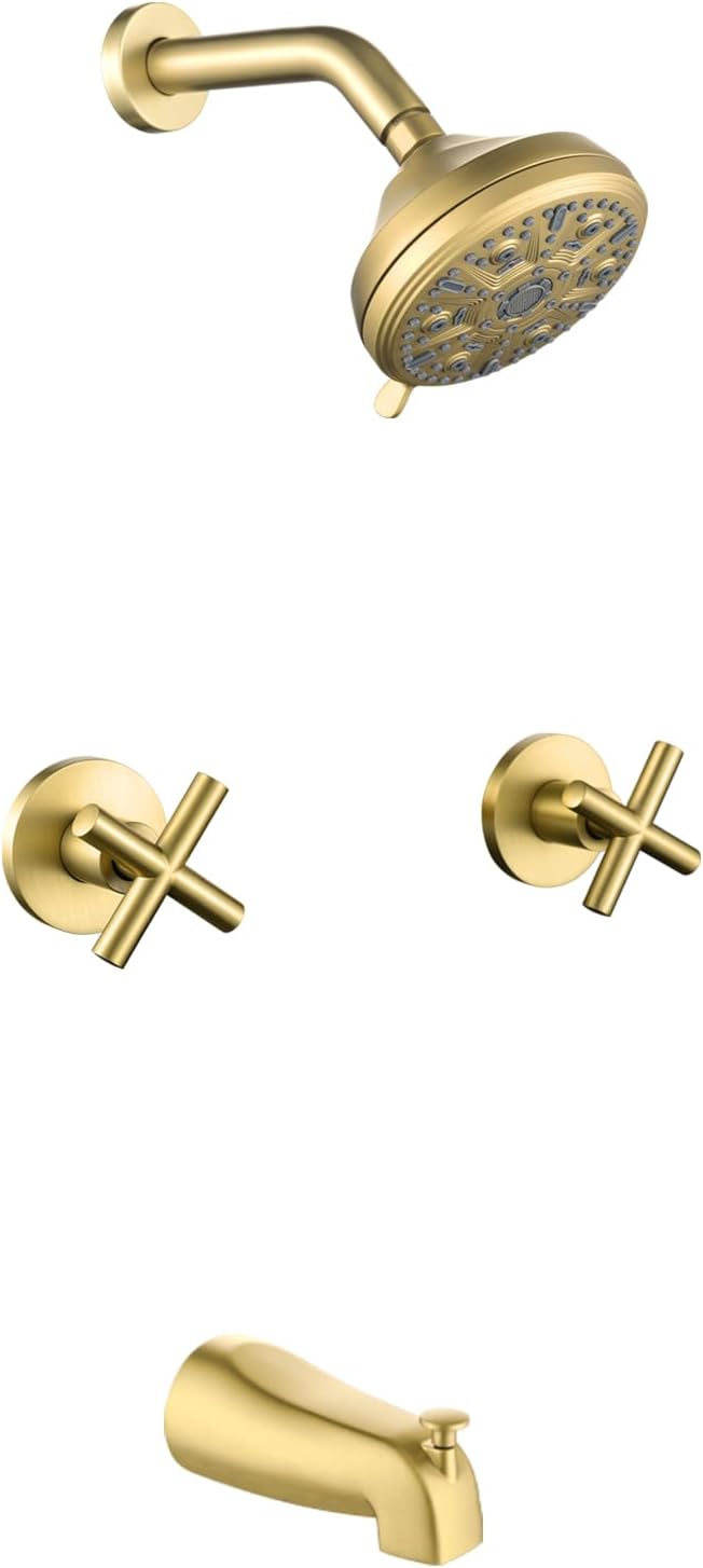 2 Handles Shower Faucet Set with Tub Spout Bathtub Shower Faucet Combo Set Shower System Complete Tub and Shower Trim Kit Brushed Gold Wall Mounted Shower Fixtures by DIFEINISANITARYWARE---showerfaucet---