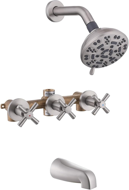 3 Handles Shower Faucet Set with Tub Spout Bathtub Shower Faucets Combo Set Shower System Complete Tub and Shower Trim Kit Shower Fixtures Brushed Nickel by YANCASENO