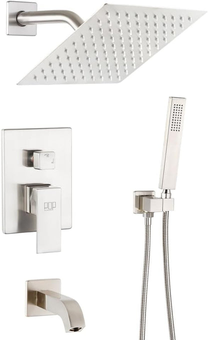 POP SANITARYWARE Shower Tub Faucet Set Brushed Nickel Bathroom 8 Inch Shower Head System with Tub Spout Wall Mounted Singe Handle Tub and Shower Trim Kit with Valve by POPSANITARYWARE