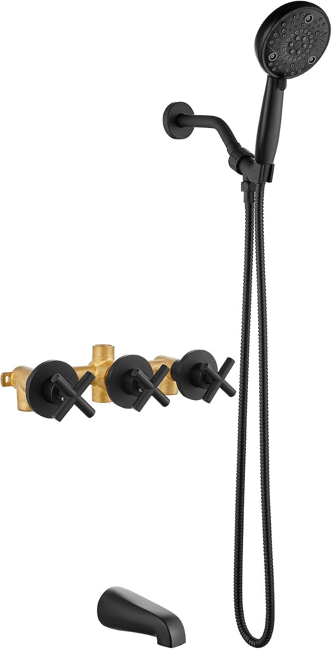 Aolemi 3 Handles Tub Shower Faucet Set with Valve Bathtub Combo Set Shower System Complete Trim Kit Wall Mounted Matte Black by Aolemi