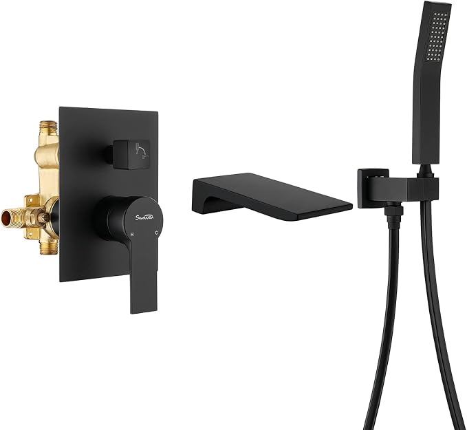 SHAMANDA Waterfall Wall Mounted Bathtub Faucet with Hand Shower, Bathroom Single Handle Tub Faucet Modern Brass Tub Shower Faucet Set(Including Rough-In Valve Body and Trim), Matte Black, L901-7 by SHAMANDA