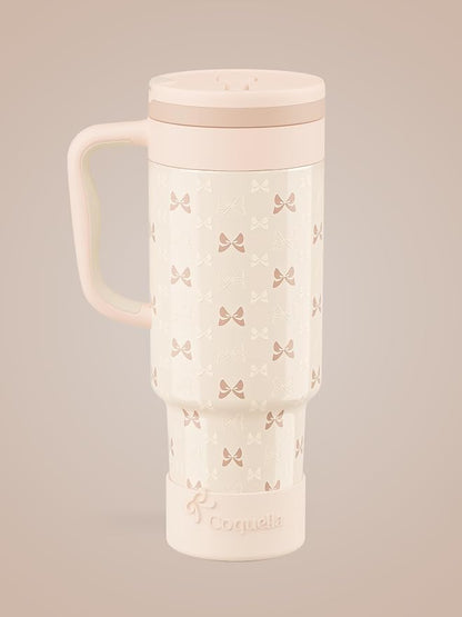 40 oz Insulated Tumbler with Handle and Push-Button Straw Lid, Stainless Steel Travel Cup for Gym Office, Leakproof, BPA-Free, Cup Holder Friendly, Bow Silicone Boot, Cream (Bow Cream) - Image 2