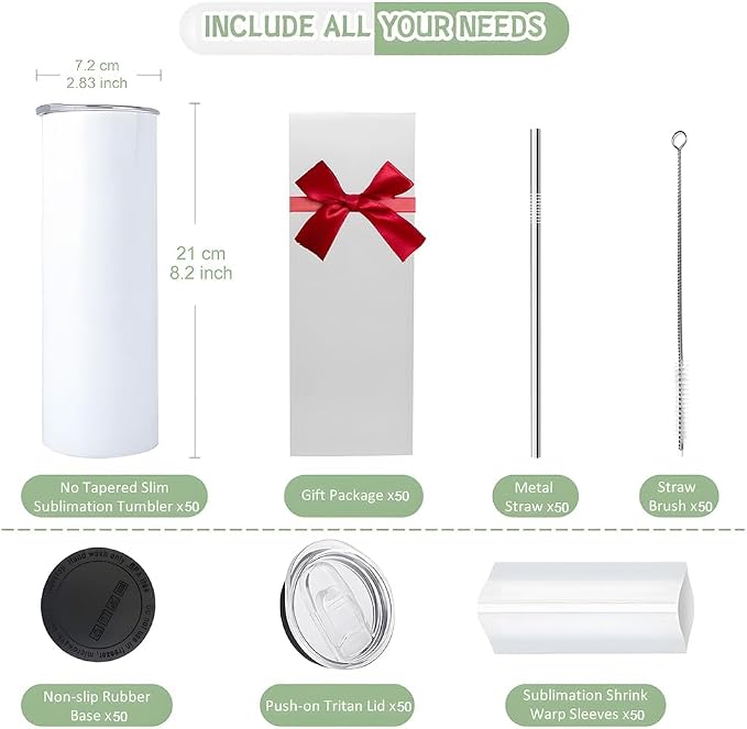 50 Pack Sublimation Blanks, 20oz Sublimation Tumblers Skinny Straight with Lids and Straws Bulk, Stainless Steel Double Wall Polymer Coating for Heat Transfer DIY Gifts - Image 2