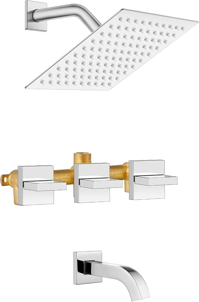 Midanya 3 Handle Tub Shower Faucet with Tub Spout,8-inch Rainfall Bathtub Rain Shower Faucet Set and Rough-in Valve Wall Mount Bathroom Trim Kit Shower System, Square Shower Head Polish Chrome by Midanya