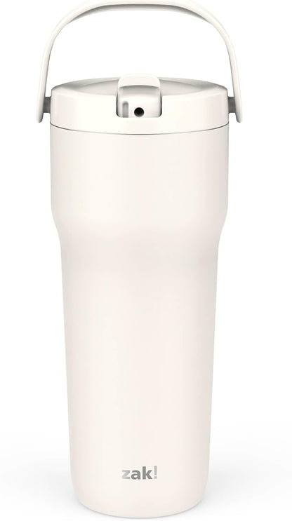 Zak Designs Sutton Travel Tumbler for On the Go, 30oz Stainless Steel with Vacuum Insulation, Straw Spout, Carry Handle for Cold Drinks (Cream White) by ZakDesigns