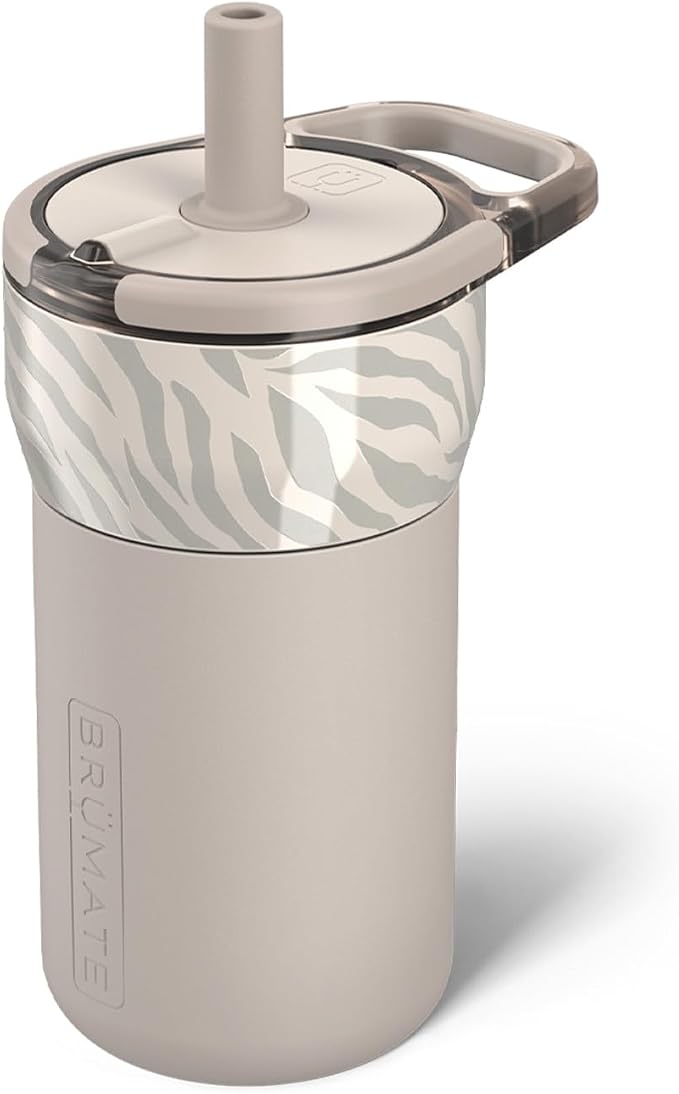 BrüMate Leap 12oz 100% Leakproof Kids Tumbler with Handle and Silicone Soft Straw | Drop Resistant Silicone Sleeve | For Kids 4+ | Insulated Stainless Steel | Cup Holder Friendly | 12oz (Zebra) by Br%C3%BCMate