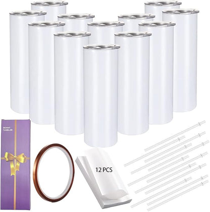 YOUKE OLA 12 Pack Straight Skinny Sublimation Tumblers 20oz for Heat Transfer, Bulk Sublimation Blanks Individually Boxed, Double Wall Insulated Tumbler with Shrink Films & Heat Tape, White (12) by YOUKEOLA