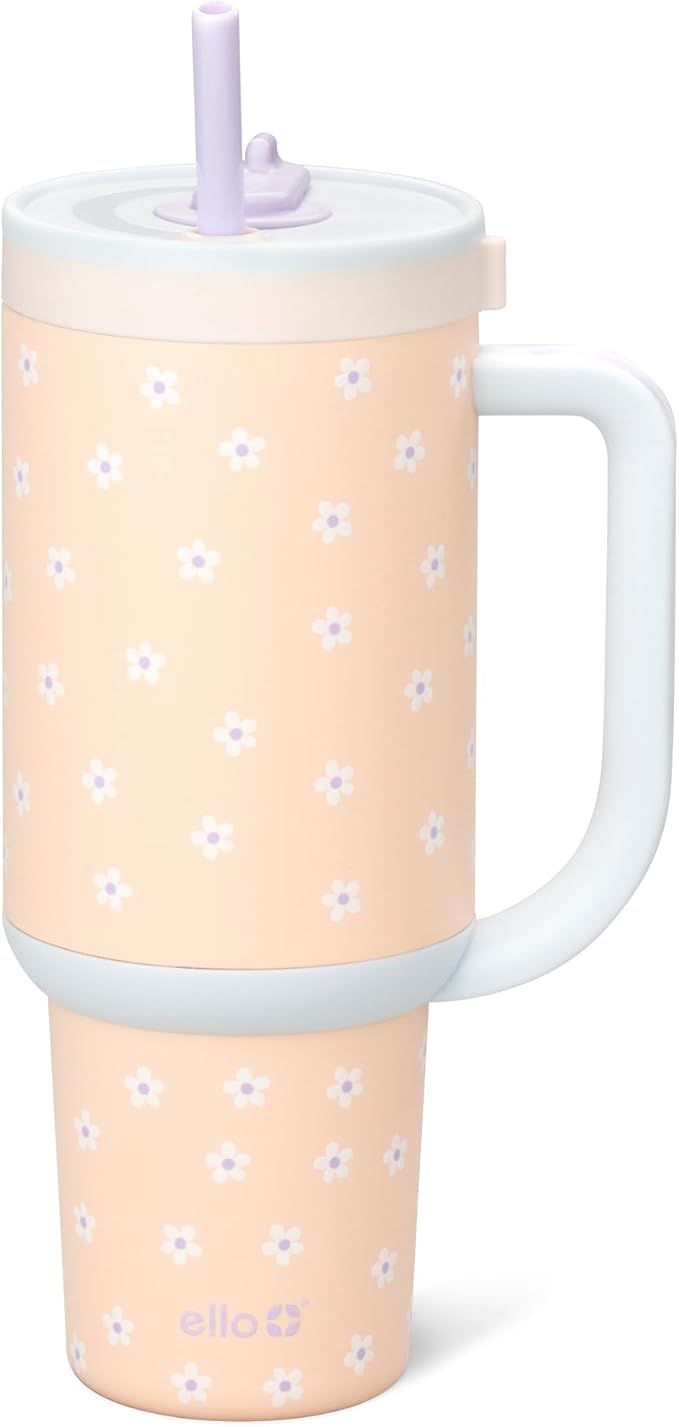 Ello Oasis 40 oz Tumbler with Handle & Retracting Straw | Reusable Insulated Stainless Steel Cup 100% Leakproof, Gifts for Teens Women Men | Keeps cold for 24 Hours, Cup Holder Friendly, Daisies by Ello