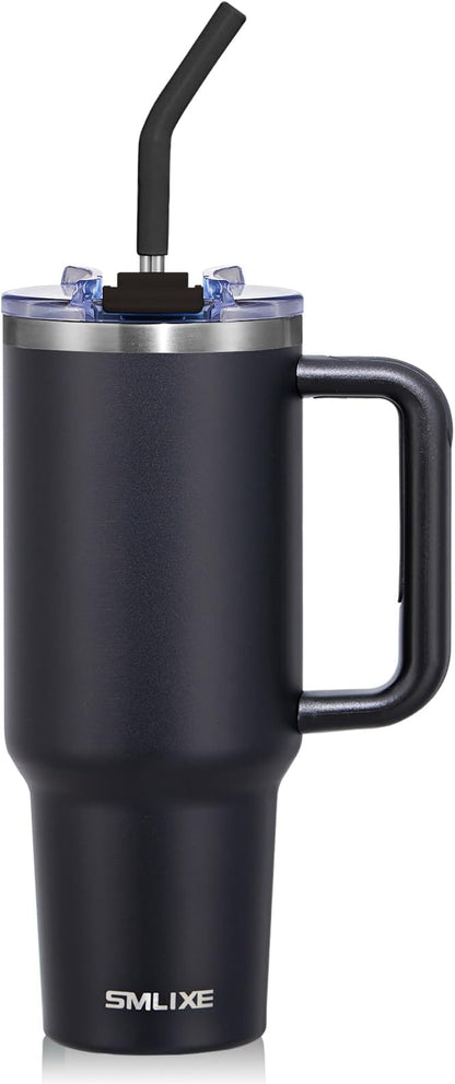 40 oz Tumbler with Handle and Straw Lid,Insulated Reusable Stainless Steel Water Bottle Travel Mug，Cupholder Friendly Double Wall Vacuum Sealed Cup (Black) by smlixe