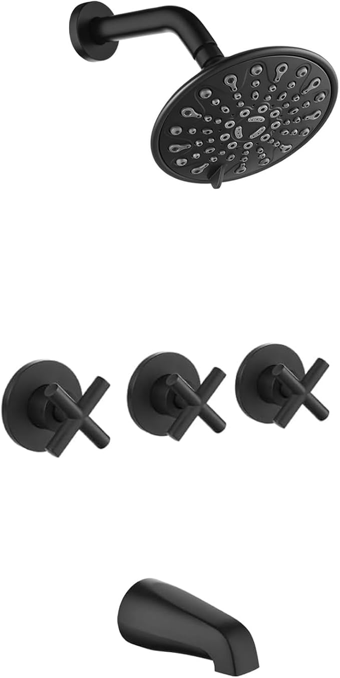 gotonovo 3 Handle Tub Shower Faucet Set, Tub and Shower Faucet Combo,Bathtub Faucet Set with 6 Settings Shower Head and Waterfall Tub Spout, Tub and Shower Trim Kit, Tub Shower Fixture Matte Black by HOME