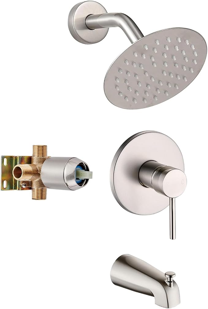 Brushed Nickel Tub Shower Faucet Set Complete with 6-Inch Rainfall Shower Head and Tub Spout Included Shower Valve Tub Shower Trim Kit Round by GOXIUHAN