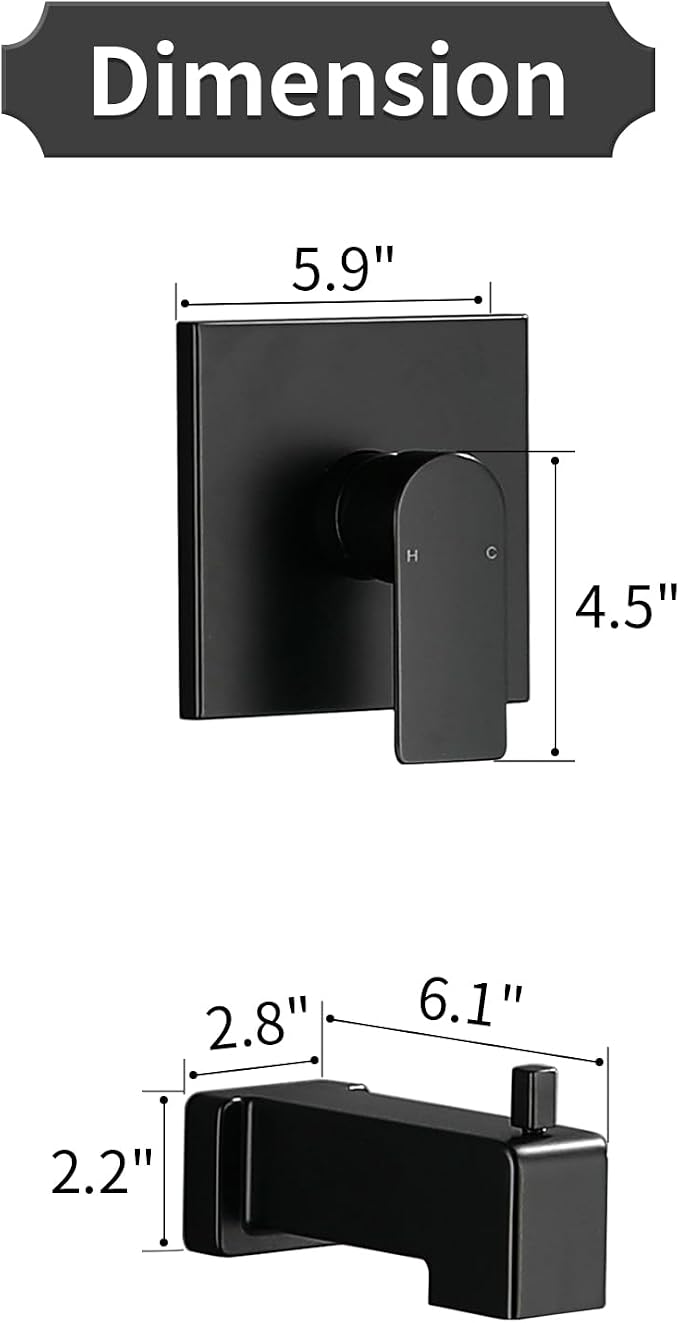 Shower Valve Trim Kit with Tub Spout Wall-Mounted Tub Shower Rough-In Mixer Valve Tub and Shower Trim Kit Bathroom Trim Kit Matte Black - Image 5