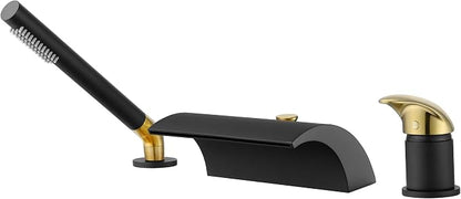 SUMERAIN Waterfall Roman Tub Faucet Deck Mount Bathtub Faucet Brass Tub Filler with Hand Shower, Black and Gold Finish by SUMERAINFAUCETS
