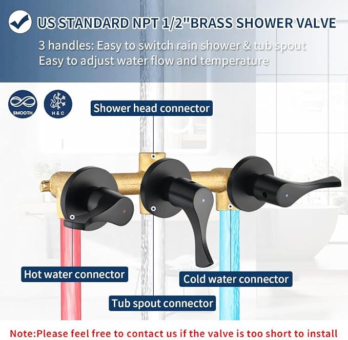 3 Handle Shower Faucet Set with Tub Spout Bathtub Shower Faucet Combo Set Shower System Complete Tub and Shower Trim Kit Matte Black Wall Mounted Shower Fixtures - Image 3