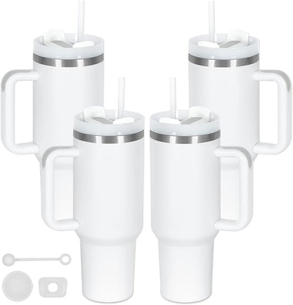 4 Pack 40 Oz Tumbler with Handle Bulk, Double Wall Vacuum Insulated Stainless Steel Tumbler with Lid and Straw, 40 oz cup with Silicone Spill Proof Stopper Set (White) by Temolulu