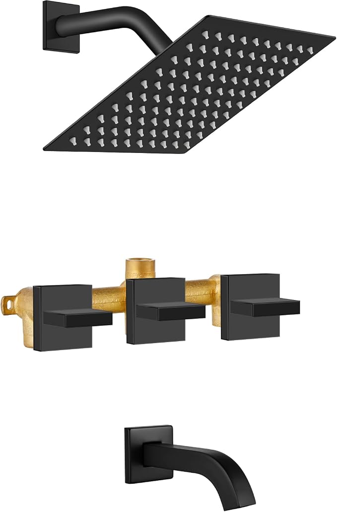 Midanya 3 Handle Tub Shower Faucet with Tub Spout,8-inch Rainfall Bathtub Rain Shower Faucet Set and Rough-in Valve Wall Mount Bathroom Trim Kit Shower System, Square Shower Head Matte Black by Midanya