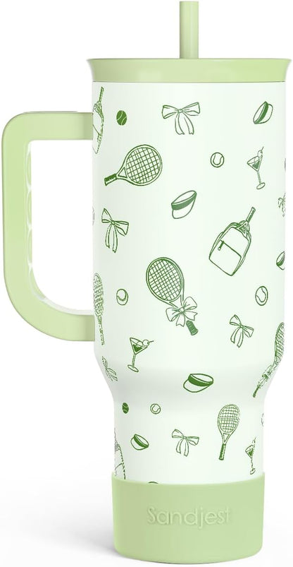 SANDJEST Tennis 40oz Tumbler With Handle and Straw, Insulated Stainless Steel Travel Coffee Mug for Women Girls Tennis Players, Gift Idea for Birthday Christmas Mothers Day by SANDJEST