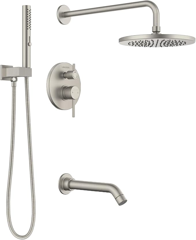 Lava Odoro Modern 3-Setting Round Rain Bathtub and Shower Faucet Set, Brushed Nickel Rainfall Shower Head and Handle Set, Rain Shower System with Tub Spout, Shower Valve Trim Kit, SF104-BN-T by LavaOdoro