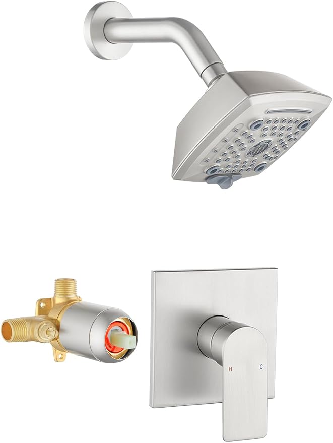 Brushed Nickel Shower Faucet Set 6 Setting Shower Head 5 Inch Shower Trim Kit Modern shower valve kit High Pressure Shower Fixtures Shower System by VIKASI
