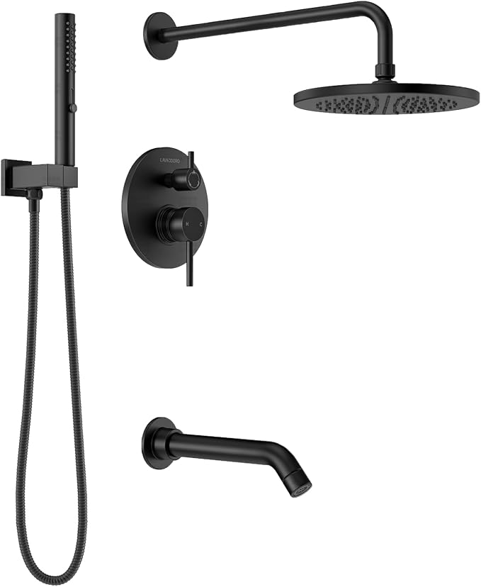 Lava Odoro Modern 3-Setting Round Rain Bathtub and Shower Faucet Set, Black Rainfall Shower Head and Handle Set, Rain Shower System with Tub Spout, Shower Valve Trim Kit, Matte Black, SF104-MB-T by LavaOdoro