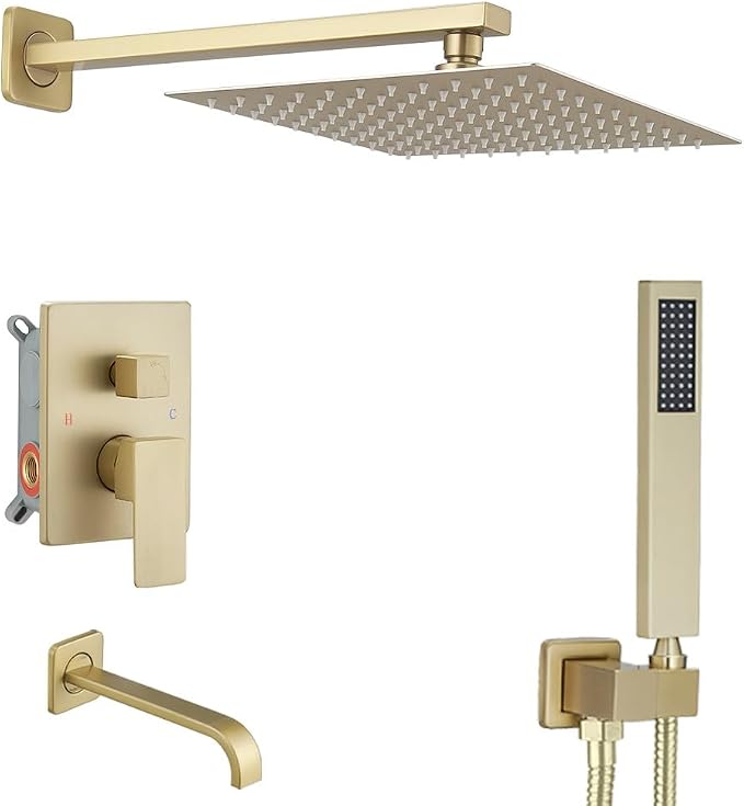 Brushed Gold Shower System with Tub Spout Wall Mounted Tub Shower Faucet Set for Bathroom with High Pressure 10" Rain Shower head and Handheld Shower Head Kit by JingGang