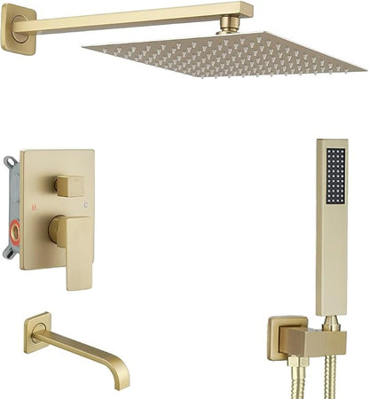 Brushed Gold Shower System with Tub Spout Wall Mounted Tub Shower Faucet Set for Bathroom with High Pressure 10" Rain Shower head and Handheld Shower Head Kit by JingGang