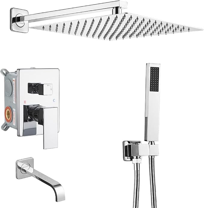 Polished Chrome Rain Shower System Tub Shower Faucet Set 12 Inch Square Rainfall Shower Head with Handheld Sprayer and Tub Spout Rough-in Valve Shower Mixer Combo Kit by JingGang