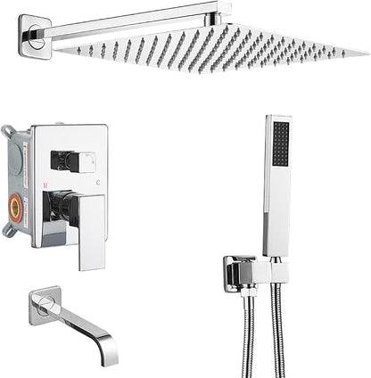 Polished Chrome Rain Shower System Tub Shower Faucet Set 12 Inch Square Rainfall Shower Head with Handheld Sprayer and Tub Spout Rough-in Valve Shower Mixer Combo Kit by JingGang