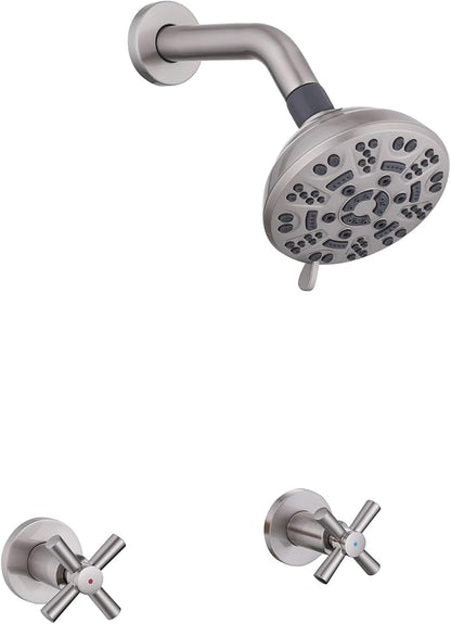 2 Handle Shower Faucet,Wall Mounted Two Handles Shower Faucet Set with 8 Modes Rainfall Shower Head,2 Knobs Single Function Shower Trim Kit with Rough-in Valve,Brushed Nickel by YANCASENO
