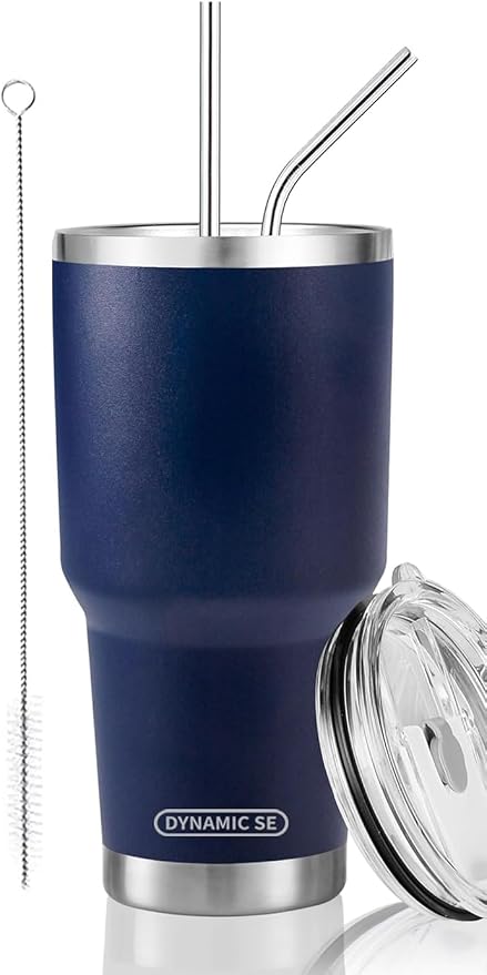 D·S 30 oz Navy Tumbler Stainless Steel Double Wall Vacuum Insulated Mug with Straw and Lid, Cleaning Brush for Cold and Hot Beverages by D%C2%B7STUMBLER