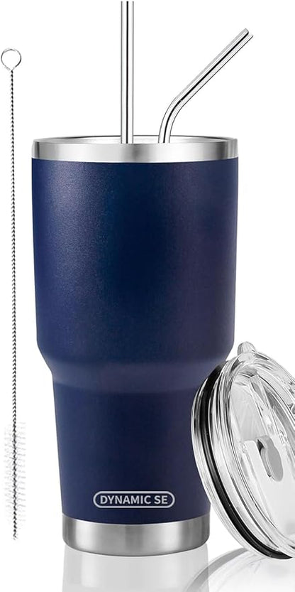D·S 30 oz Navy Tumbler Stainless Steel Double Wall Vacuum Insulated Mug with Straw and Lid, Cleaning Brush for Cold and Hot Beverages by D%C2%B7STUMBLER