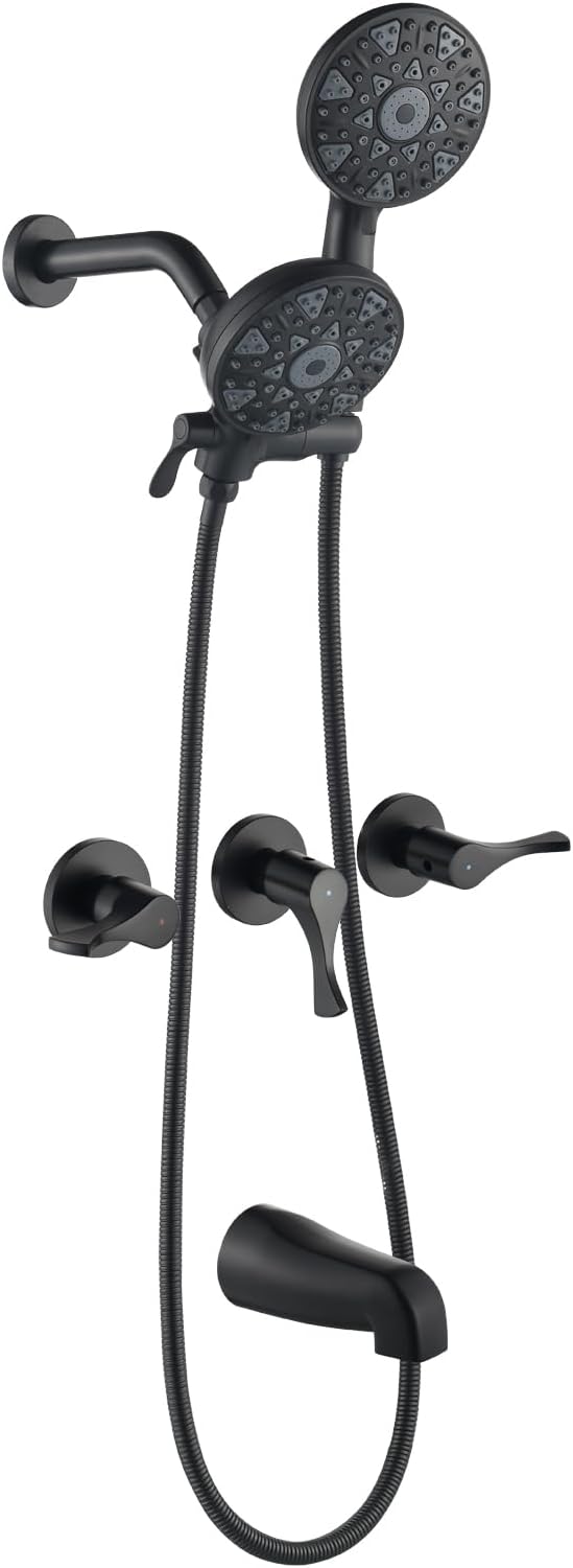 3 Handle Shower Faucet Set with Tub Spout Bathtub Shower Faucet Combo Set Shower System Complete Tub and Shower Trim Kit Matte Black Wall Mounted Shower Fixtures by DIFEINISANITARYWARE---showerfaucet---