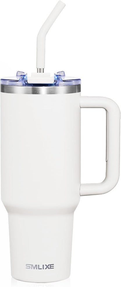 40 oz Tumbler with Handle and Straw Lid,Insulated Reusable Stainless Steel Water Bottle Travel Mug，Cupholder Friendly Double Wall Vacuum Sealed Cup (Snow) by smlixe