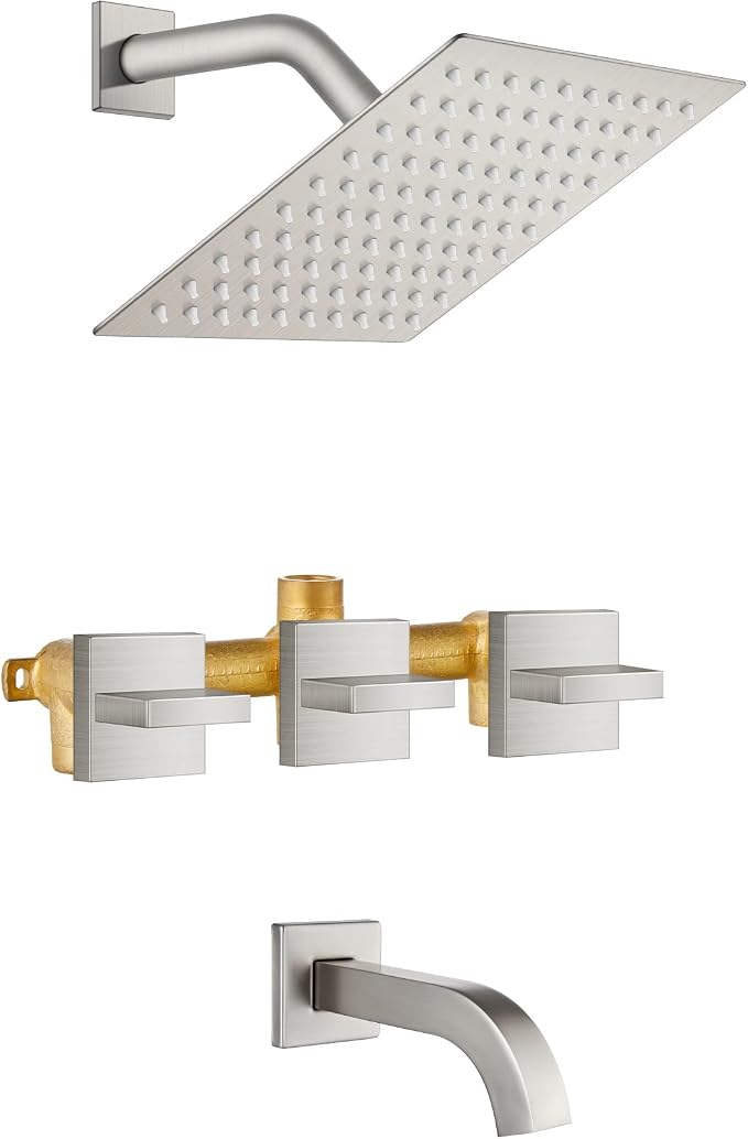 Midanya 3 Handle Tub Shower Faucet with Tub Spout,8-inch Rainfall Bathtub Rain Shower Faucet Set and Rough-in Valve Wall Mount Bathroom Trim Kit Shower System, Square Shower Head Brushed Nickel by Midanya