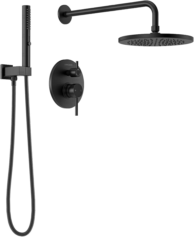 Lava Odoro Modern 2-Setting Round Rain Shower System with Handheld, Matte Black Rainfall Shower Faucet Set Rain Shower Head and Handle Set, Shower Valve Trim Kit, 10 Inch, Matte Black, SF104-MB by LavaOdoro