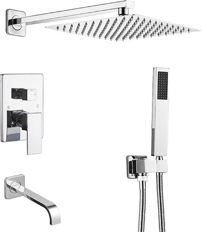 Chrome Shower System with Tub Spout Wall Mounted Tub Shower Faucet Set for Bathroom with High Pressure 10" Rain Shower head and Handheld Shower Head Kit by JingGang