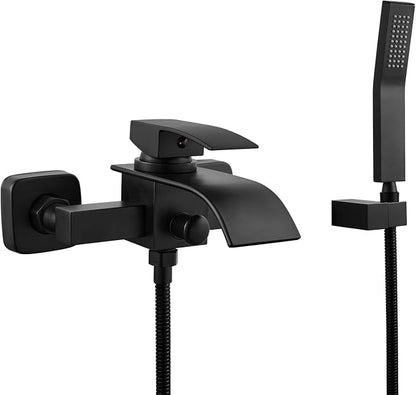 Midanya Wall Mount Bathtub Faucet with Handheld Spray Waterfall Tub Filler Single Handle Bathroom Tub Mixer Tap Hand-Shower System with Curved Spout Commercial,Matte Black by Midanya