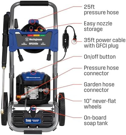 Westinghouse WPX3400e Electric Pressure Washer, 3400 Max PSI and 2.0 Max GPM, Brushless Motor, Onboard Soap Tank, Spray Gun and Wand, 5 Nozzle Set, for Cars/Fences/Driveways/Homes/Patios/Furniture - Image 4