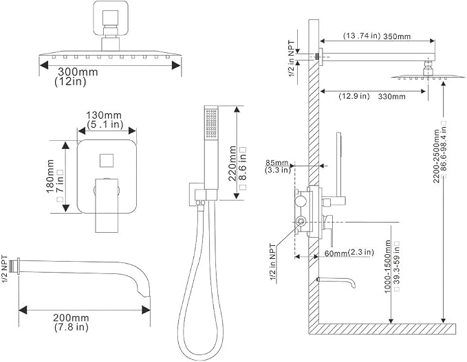 Brushed Gold Rain Shower System Tub Shower Faucet Set 12 Inch Square Rainfall Shower Head with Handheld Sprayer and Tub Spout Rough-in Valve Shower Mixer Combo Kit - Image 7