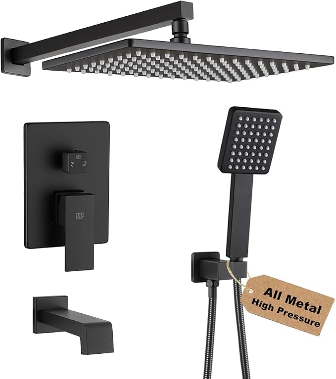 POP SANITARYWARE Matte Black Shower Tub Faucet Set Bathroom Rain Shower System with Tub Spout Wall Mounted Rainfall 12 Inch Shower Head and Handle Set Include Shower Valve and Trim Kit by POPSANITARYWARE