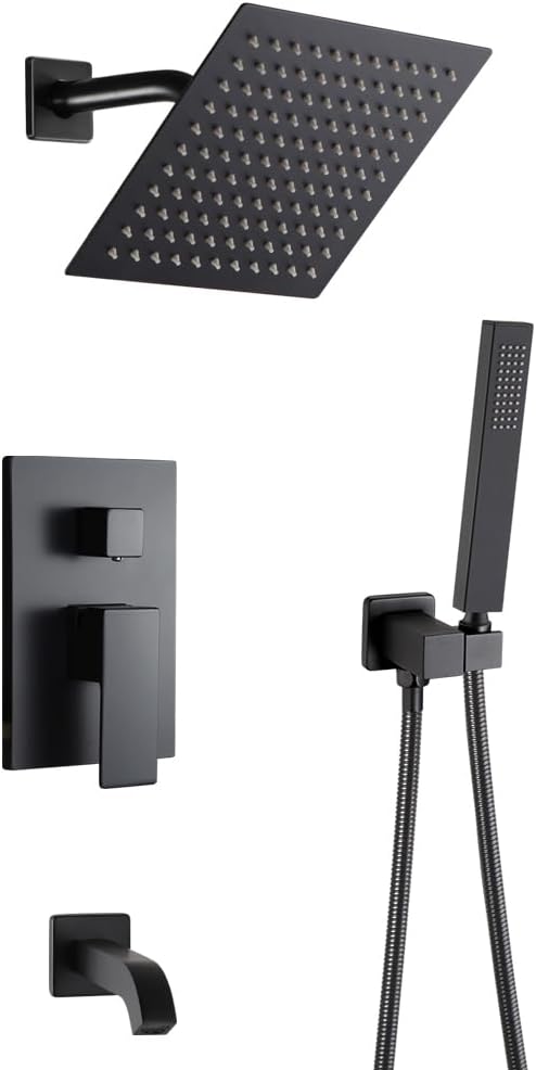 POP SANITARYWARE Matte Black Shower Faucet Set with Tub Spout Bathroom Rainfall 8 Inch Shower Head System with Handheld Single Handle Shower Trim Kit with Valve by POPSANITARYWARE