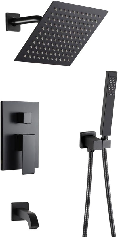 POP SANITARYWARE Matte Black Shower Faucet Set with Tub Spout Bathroom Rainfall 8 Inch Shower Head System with Handheld Single Handle Shower Trim Kit with Valve by POPSANITARYWARE