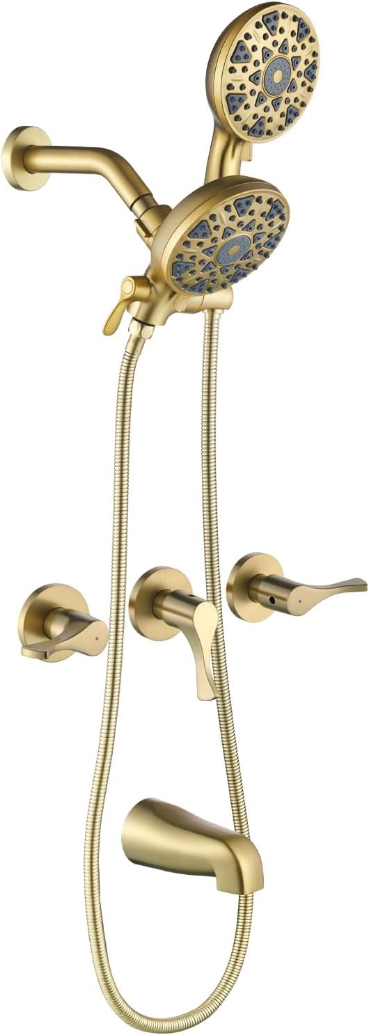 3 Handles Shower Faucet Set with Tub Spout Bathtub Shower Faucet Combo Set Shower System Complete Tub and Shower Trim Kit Brushed Gold Wall Mounted Shower Fixtures by DIFEINISANITARYWARE---showerfaucet---