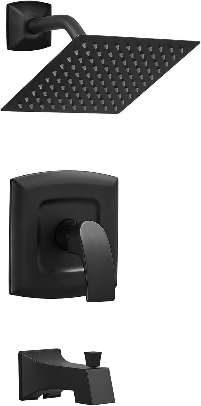Tub Shower Faucet, Matte Black Shower Faucet Set with 8-Inch Square Rain Shower Head and Tub Spout, Brass Shower System Bathtub Shower Faucet Set Complete, Tub shower faucet set with valve by Kroias