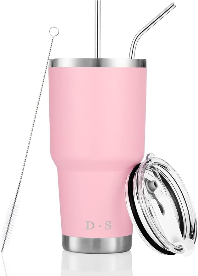 D·S 30 oz Pink Tumbler Stainless Steel Double Wall Vacuum Insulated Mug with Straw and Lid, Cleaning Brush for Cold and Hot Beverages (30oz Pink) by D%C2%B7STUMBLER