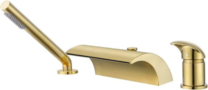 sumerain 3 Hole Roman Tub Faucet with Hand Shower, High Flow Single Handle Waterfall Bathtub Filler Brushed Gold Finish by SUMERAINFAUCETS